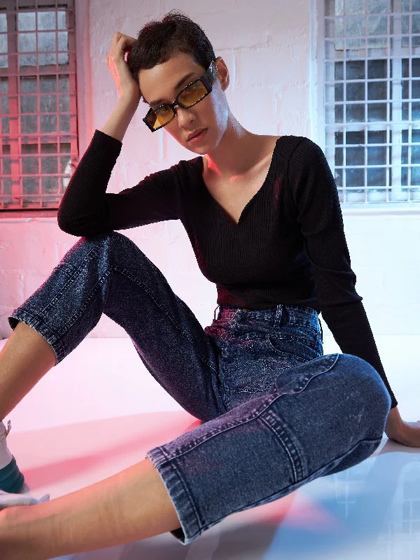Don't Miss Women Black Sweetheart Neck Rib Top