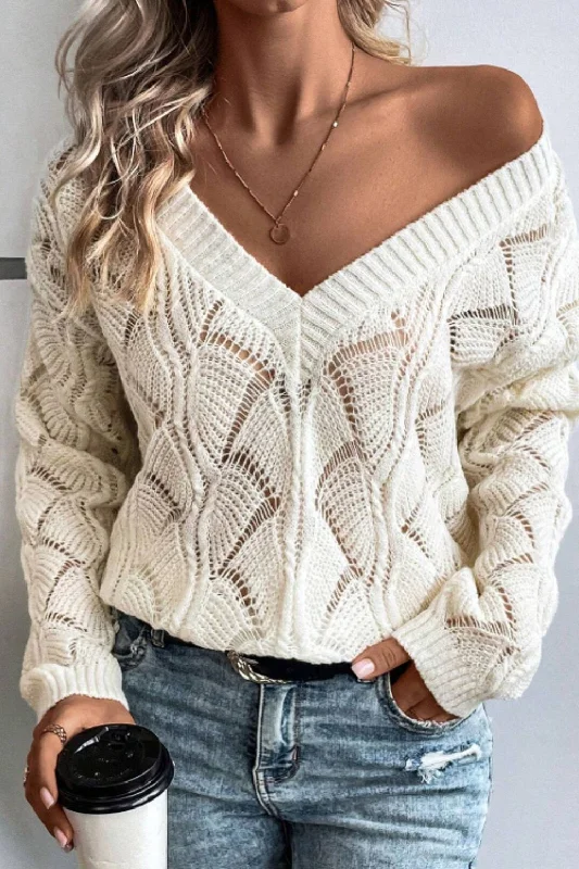 Act Fast Openwork V-Neck Long Sleeve Sweater