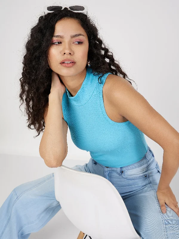 Weekend Savings Spectacular Women Turquoise Rib Turtle Neck Sleeveless Top