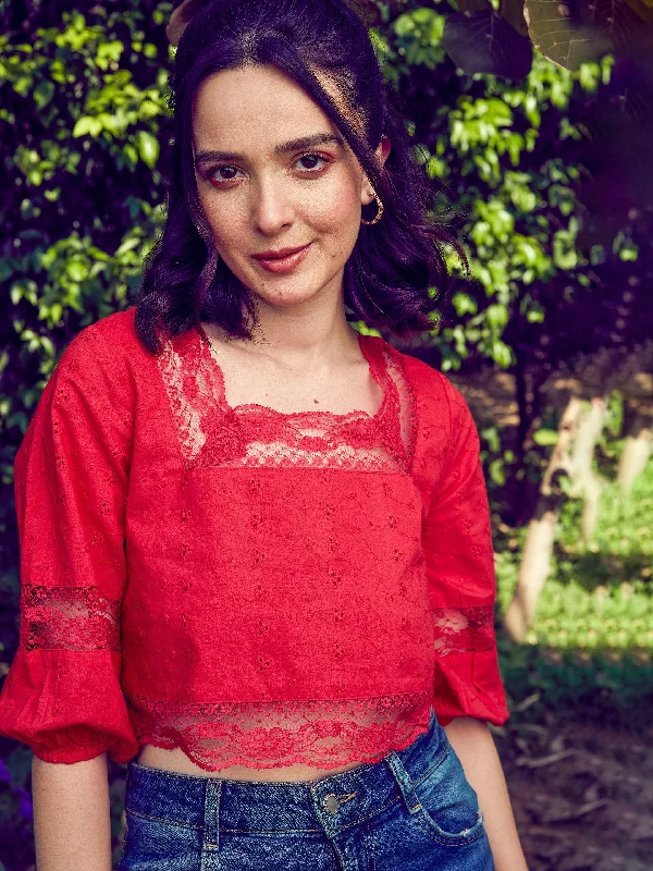Your Weekend, Your Savings Women Red Schiffli Square Neck Crop Top