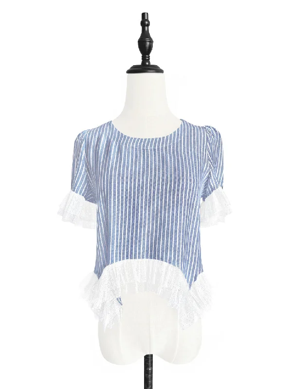Value Deals Surprise Sale! White Stripe Mix Detail Asymmetric Hem Ruffle Top