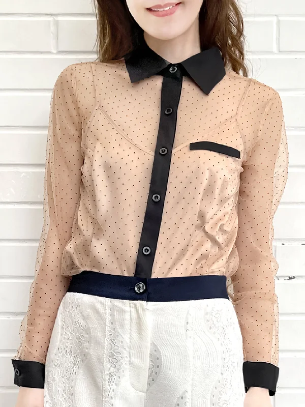 Unmissable Offer Last Chance! Mesh Polka Dot Contrast Detail Blouse (With Camisole Lining)