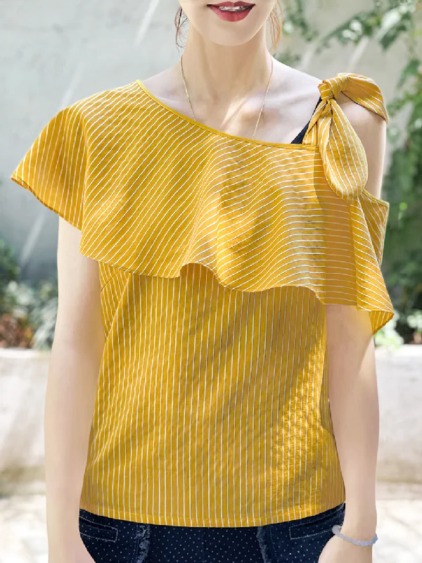 Factory Direct Sale Last Chance! Yellow/ White Stripe Tie-bow One Shoulder Ruffle Top